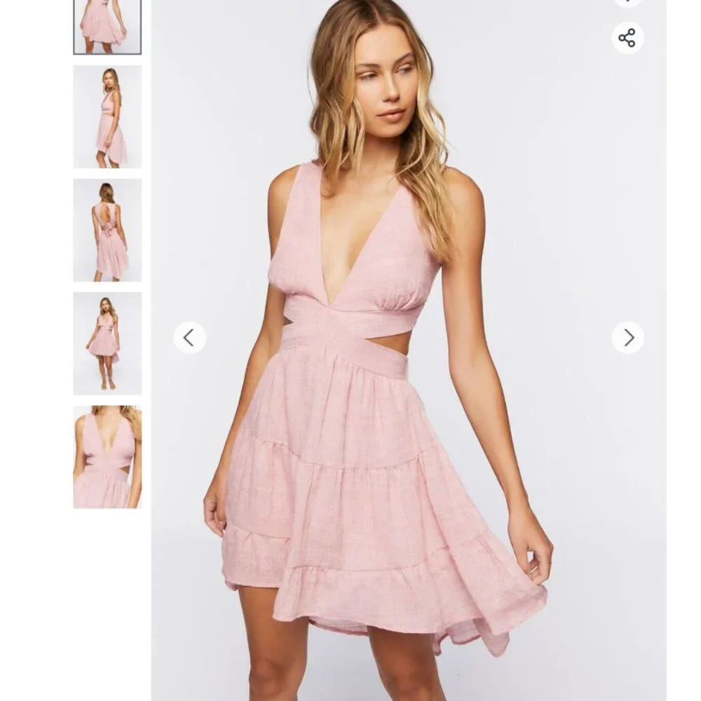 Cutout High-Low Midi Dress - Pink Linen Open Back Deep V Mini Dress - Picture 2 of 6